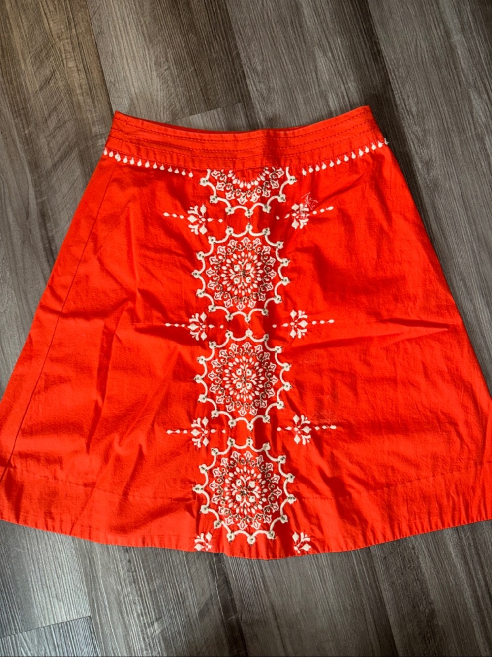 Anthropologie Lithe Orange Embroidered Beaded Mandala A-Line Skirt 2 boho